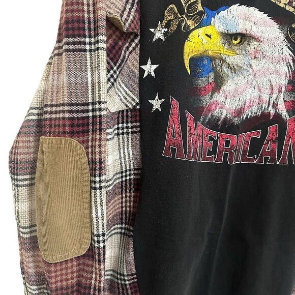 Reworked Upcycled Patriot USA Bald Eagle Grunge Biker Plaid Long Sleeved Shirt - Picture 4 of 9